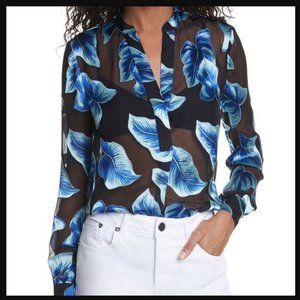 ALICE + OLIVIA Women's Amos Tropical Leaf Print Split Neck Blouse Size S